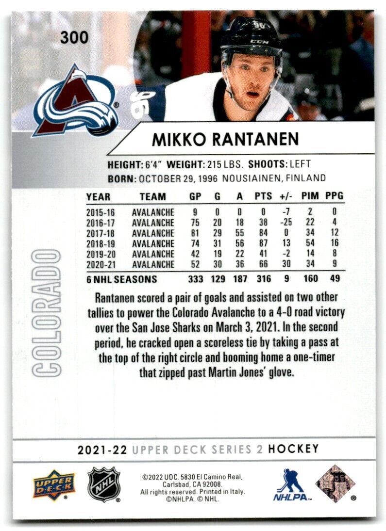 2021-22 Upper Deck Mikko Rantanen Colorado Avalanche #300