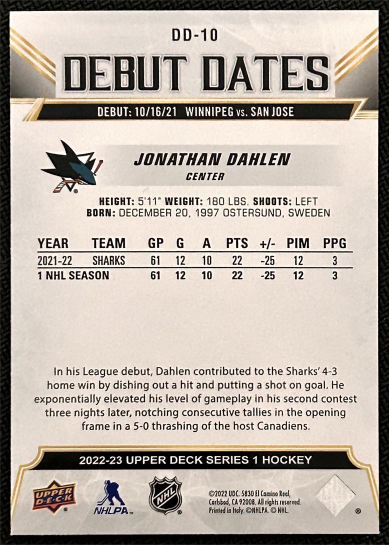 2022-23 Upper Deck Debut Dates Jonathan Dahlen San Jose Sharks #DD-10