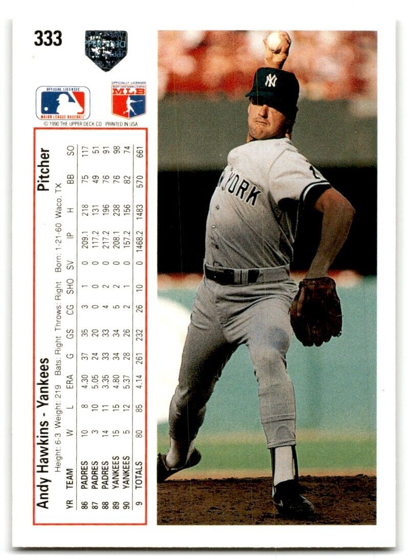 1991 Upper Deck Andy Hawkins New York Yankees #333