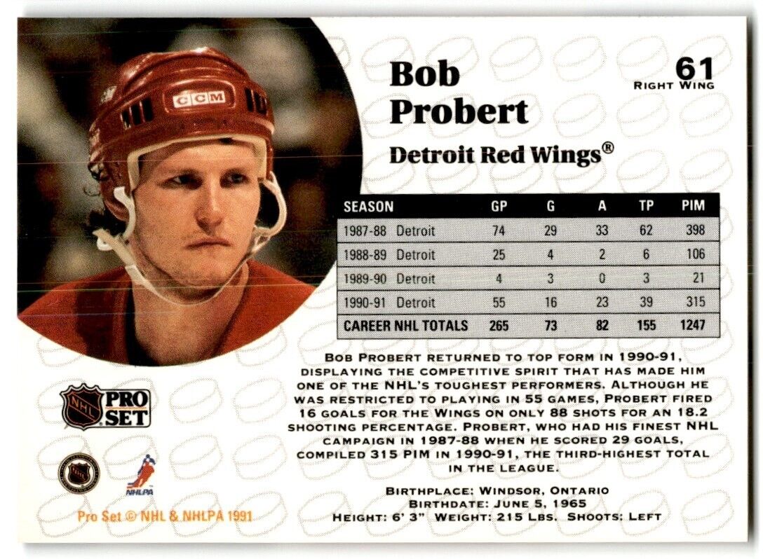 1991-92 Pro Set Bob Probert Detroit Red Wings #61