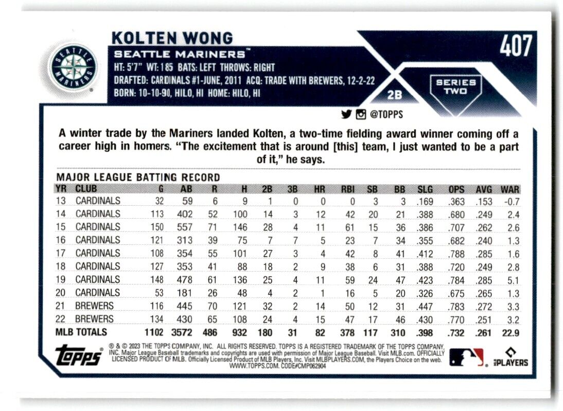 2023 Topps Kolten Wong Seattle Mariners #407