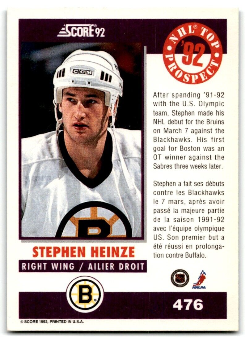 1992-93 Score Canadian Steve Heinze Boston Bruins #476