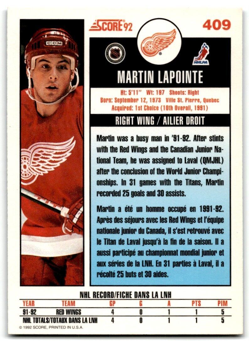 1992-93 Score Martin Lapointe Detroit Red Wings #409