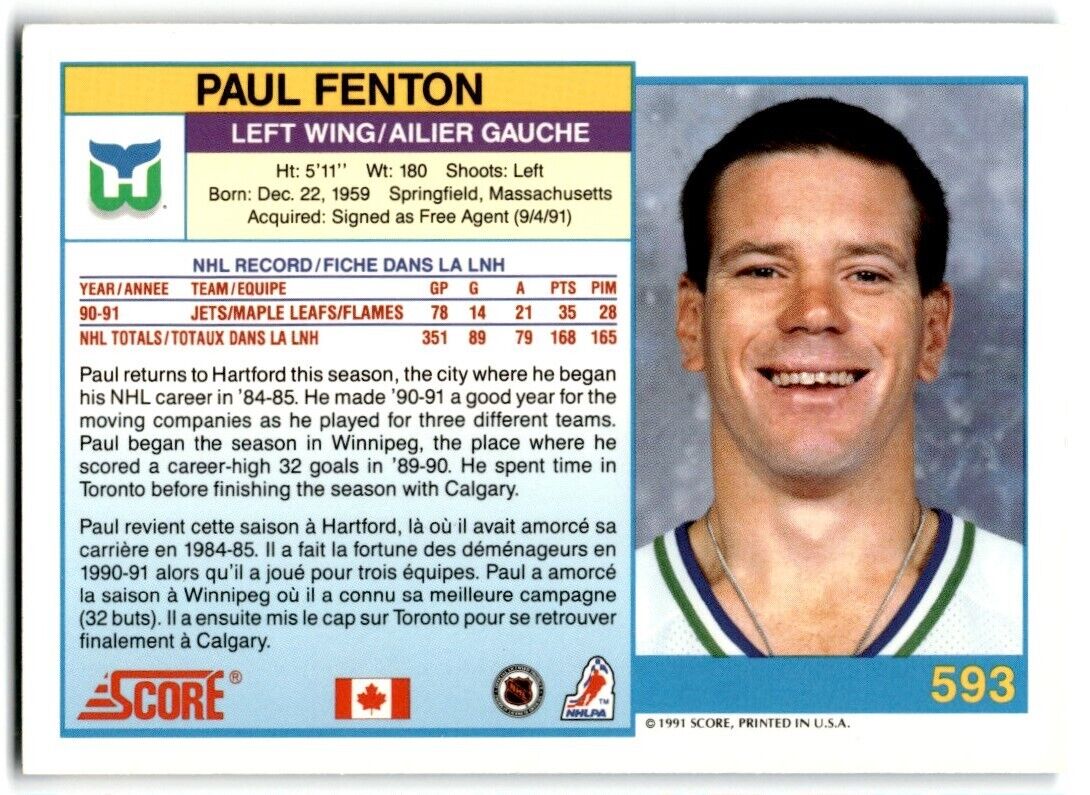 1991-92 Score Canadian Bilingual Paul Fenton Hartford Whalers #593