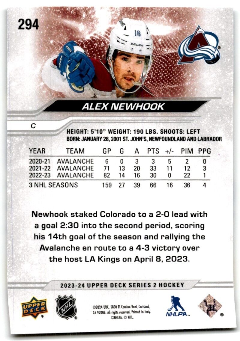 2023-24 Upper Deck Alex Newhook Colorado Avalanche #294