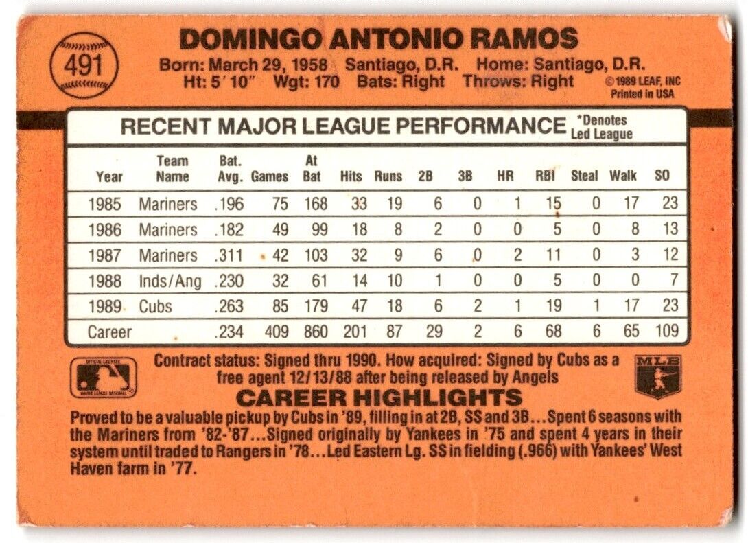 1990 Donruss Domingo Ramos Chicago Cubs #491