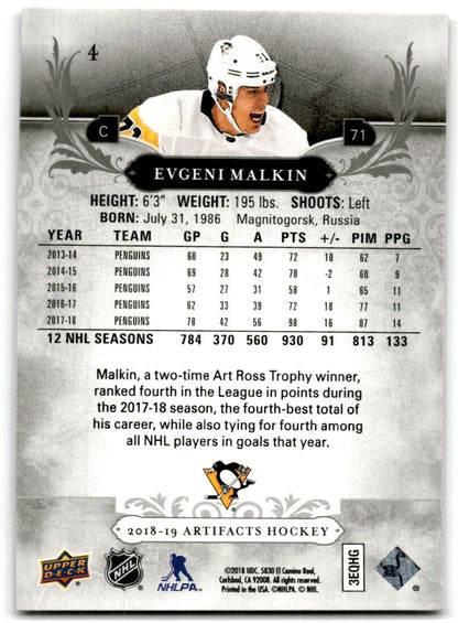 2018-19 Upper Deck Artifacts Evgeni Malkin Pittsburgh Penguins #4