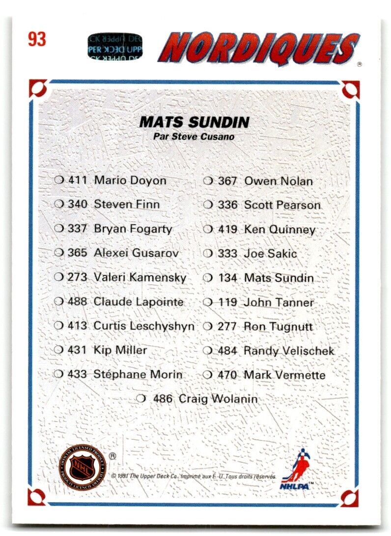 1991-92 Upper Deck Mats Sundin Quebec Nordiques #93