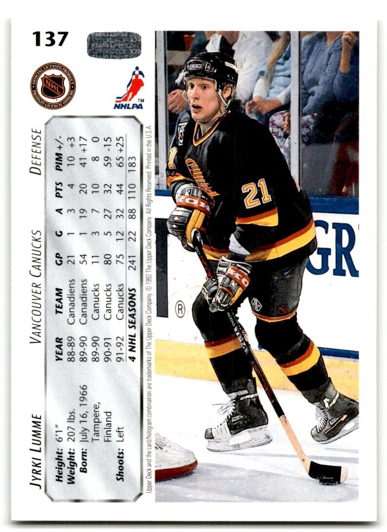 1992-93 Upper Deck Jyrki Lumme Vancouver Canucks #137