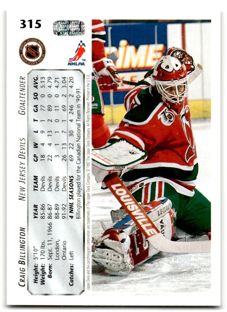 1992-93 Upper Deck Craig Billington New Jersey Devils #315