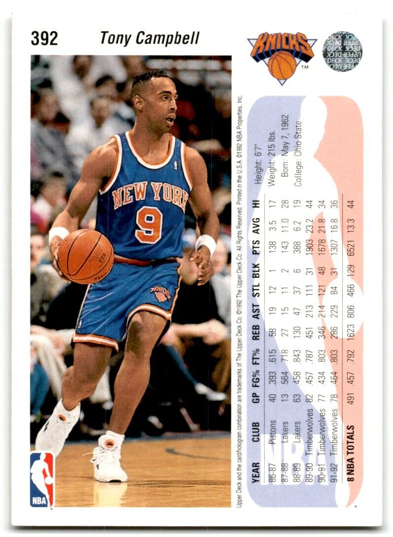 1992-93 Upper Deck Tony Campbell New York Knicks #392