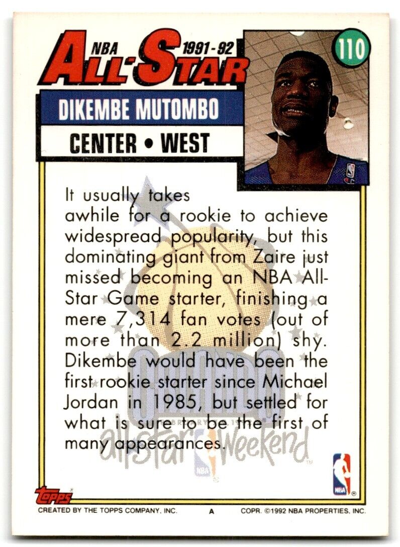 1992-93 Topps All-Star Dikembe Mutombo Denver Nuggets #110