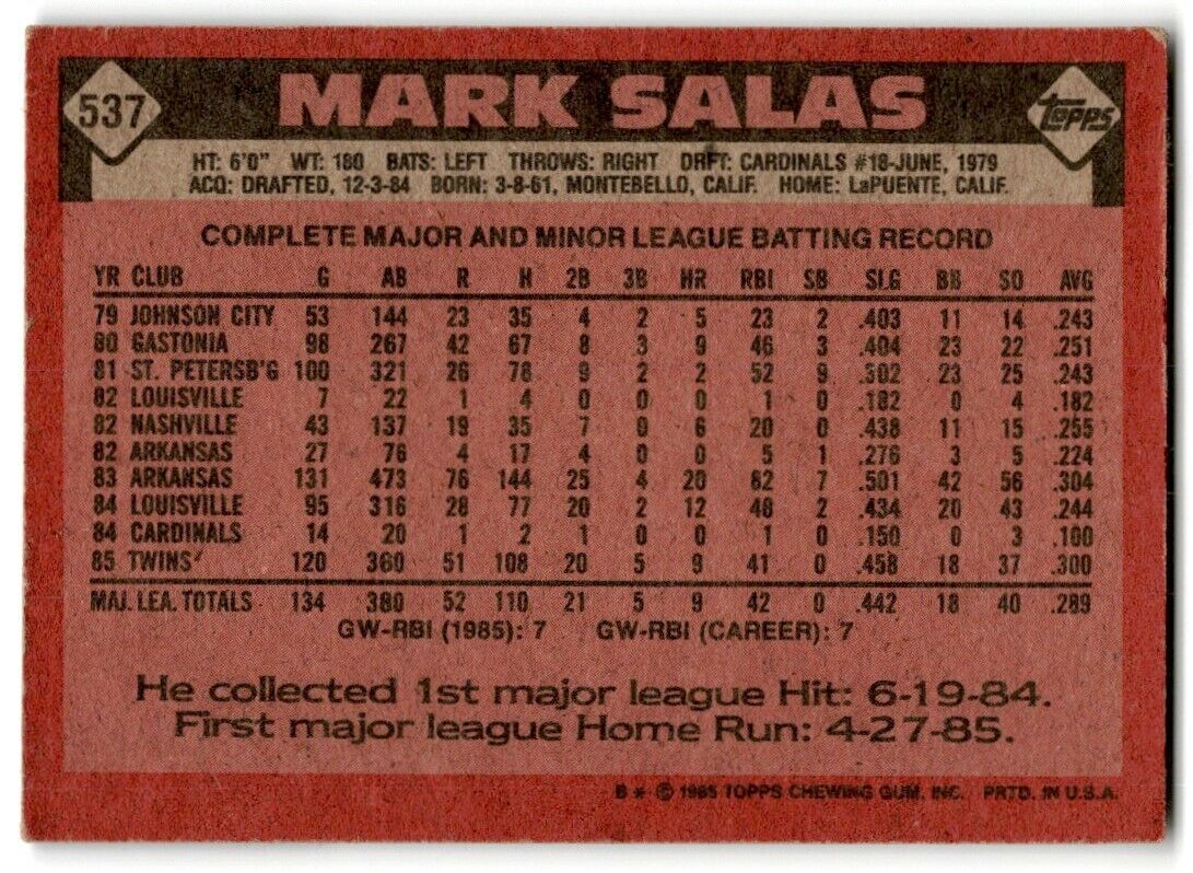 1986 Topps Mark Salas Minnesota Twins #537