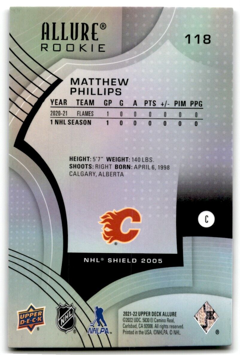 2021-22 Upper Deck Allure Matthew Phillips Rookie Calgary Flames #118