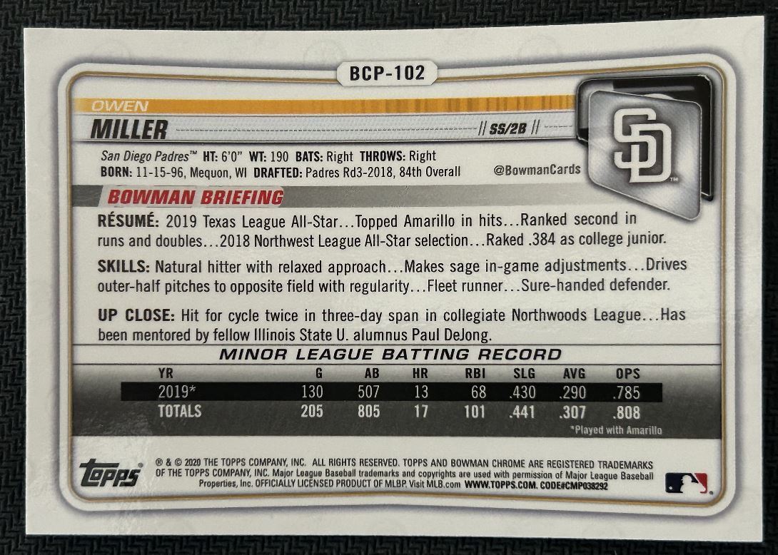 2020 Bowman Chrome Prospects Owen Miller San Diego Padres #BCP-102