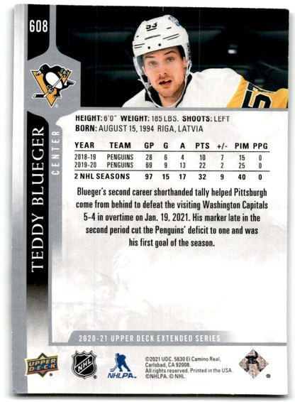 2020-21 Upper Deck Teddy Blueger Pittsburgh Penguins #608