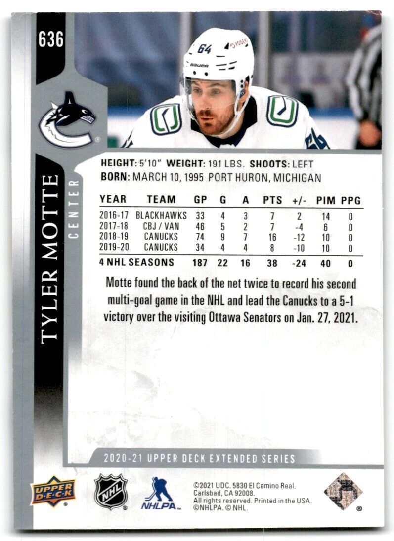 2020-21 Upper Deck Tyler Motte Vancouver Canucks #636