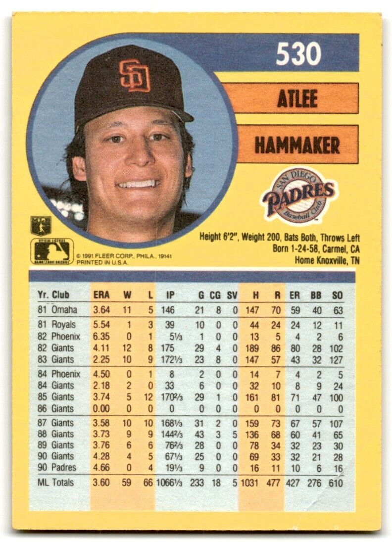 1991 Fleer Atlee Hammaker San Diego Padres #530