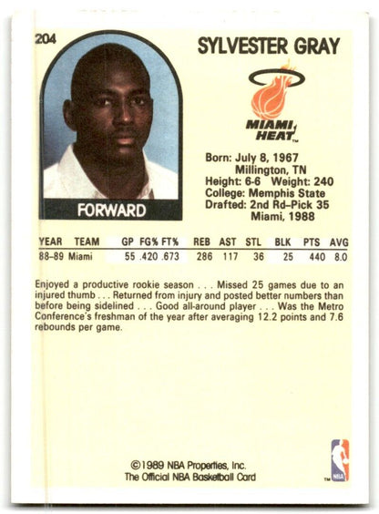 1989-90 Hoops Sylvester Gray Rookie Miami Heat #204