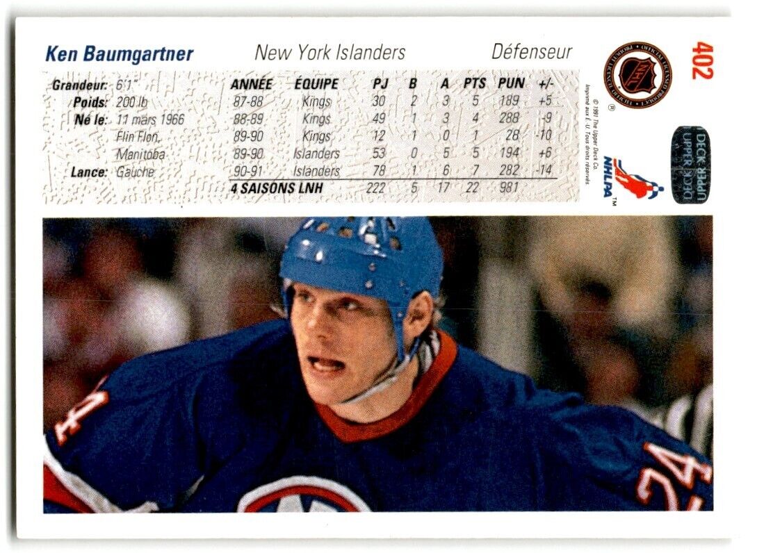 1991-92 Upper Deck Ken Baumgartner New York Islanders #402