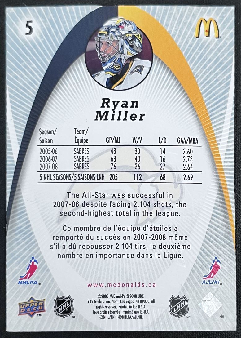 2008-09 McDonald's Upper Deck Ryan Miller Buffalo Sabres #5