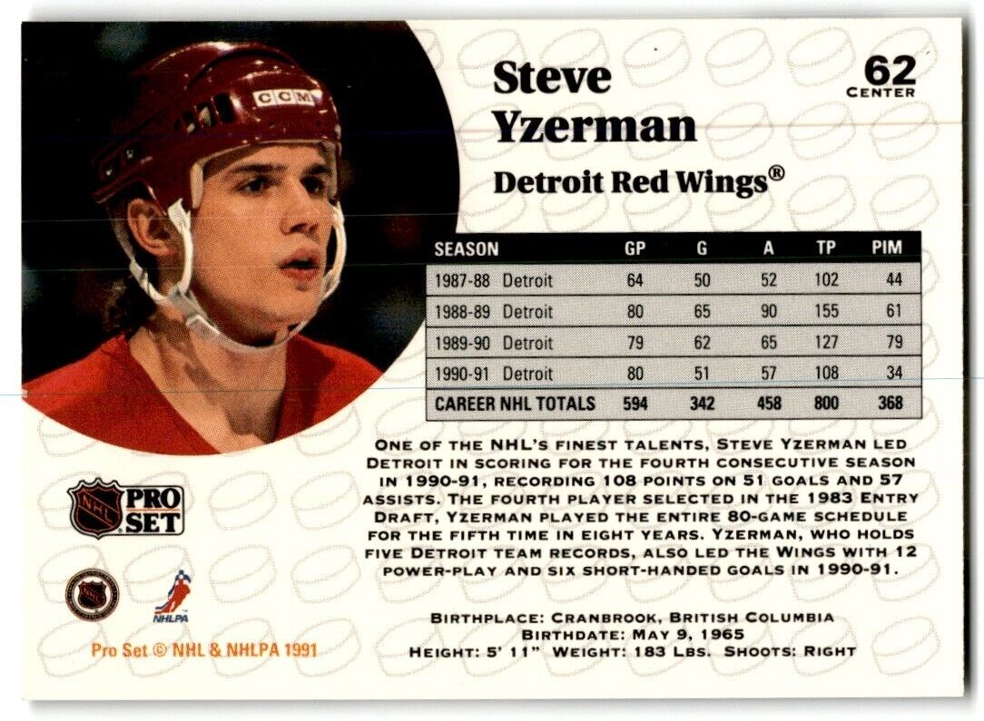 1991-92 Pro Set Steve Yzerman Detroit Red Wings #62