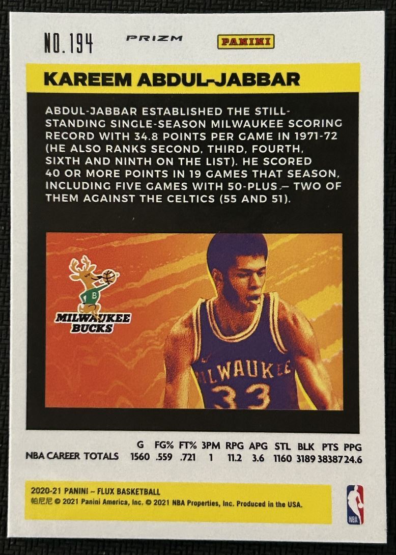 2020-21 Panini Flux laser Kareem Abdul-Jabbar Milwaukee Bucks #194 Parallel