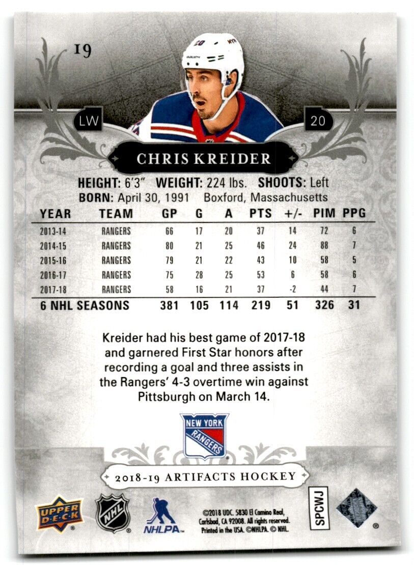 2018-19 Upper Deck Artifacts Chris Kreider New York Rangers #19