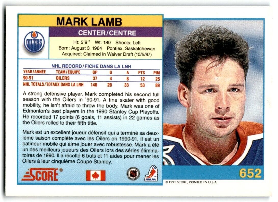 1991-92 Score Canadian Mark Lamb Edmonton Oilers #652