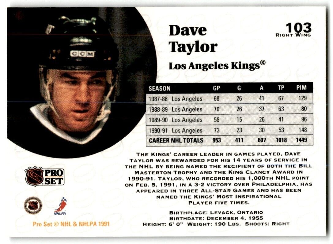 1991-92 Pro Set Dave Taylor Los Angeles Kings #103