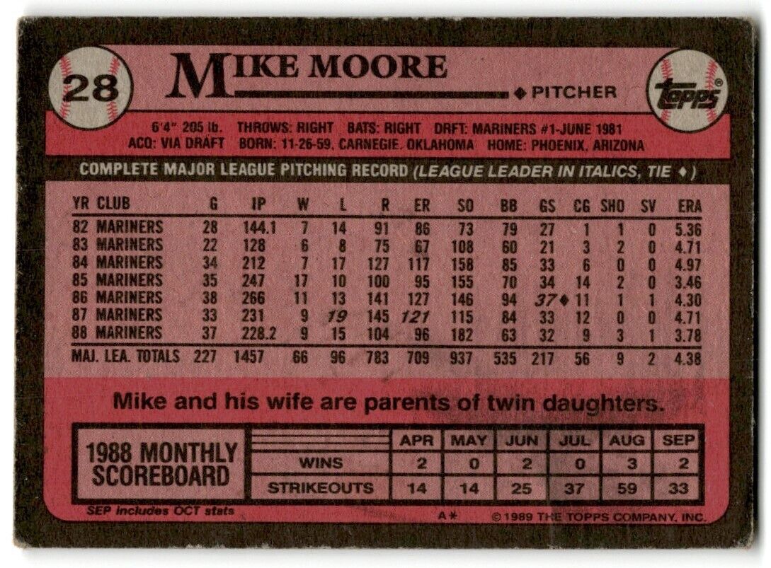 1989 Topps Mike Moore Seattle Mariners #28