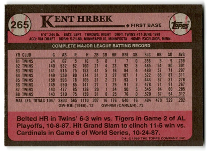 1989 Topps Kent Hrbek Minnesota Twins #265