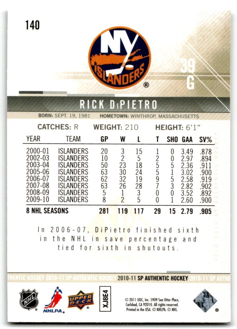 2010-11 SP Authentic Rick DiPietro New York Islanders #140