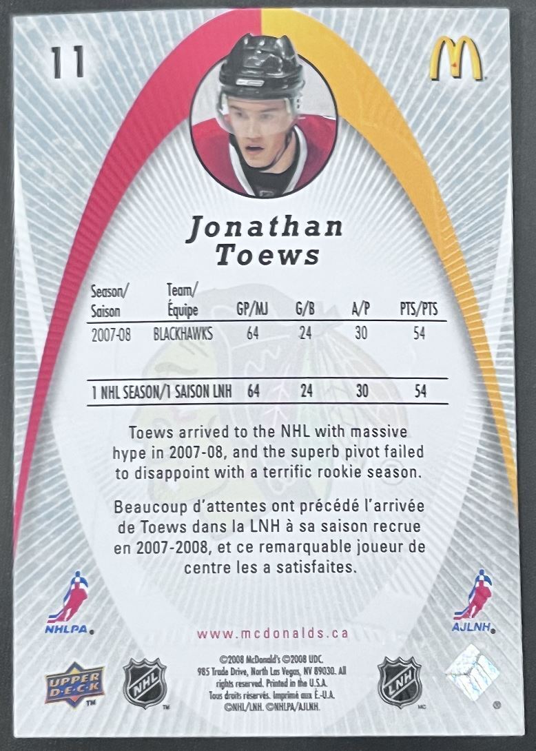 2008-09 McDonald's Upper Deck Jonathan Toews Chicago Blackhawks #11