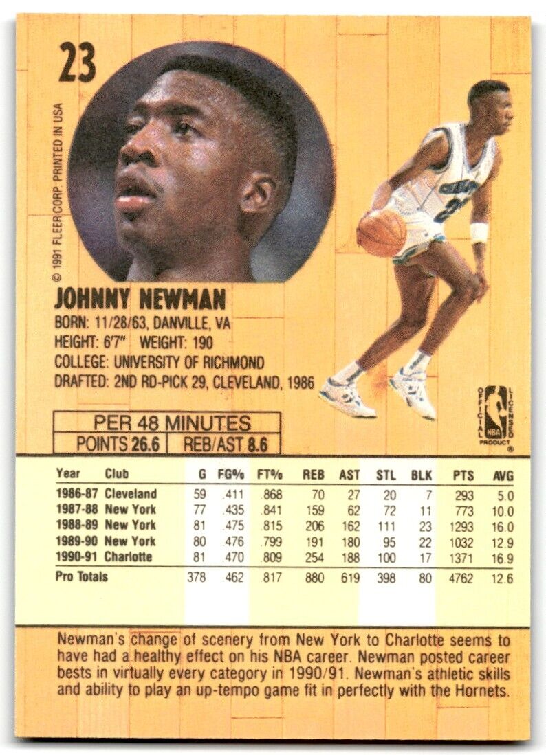 1991-92 Fleer Johnny Newman Charlotte Hornets #23