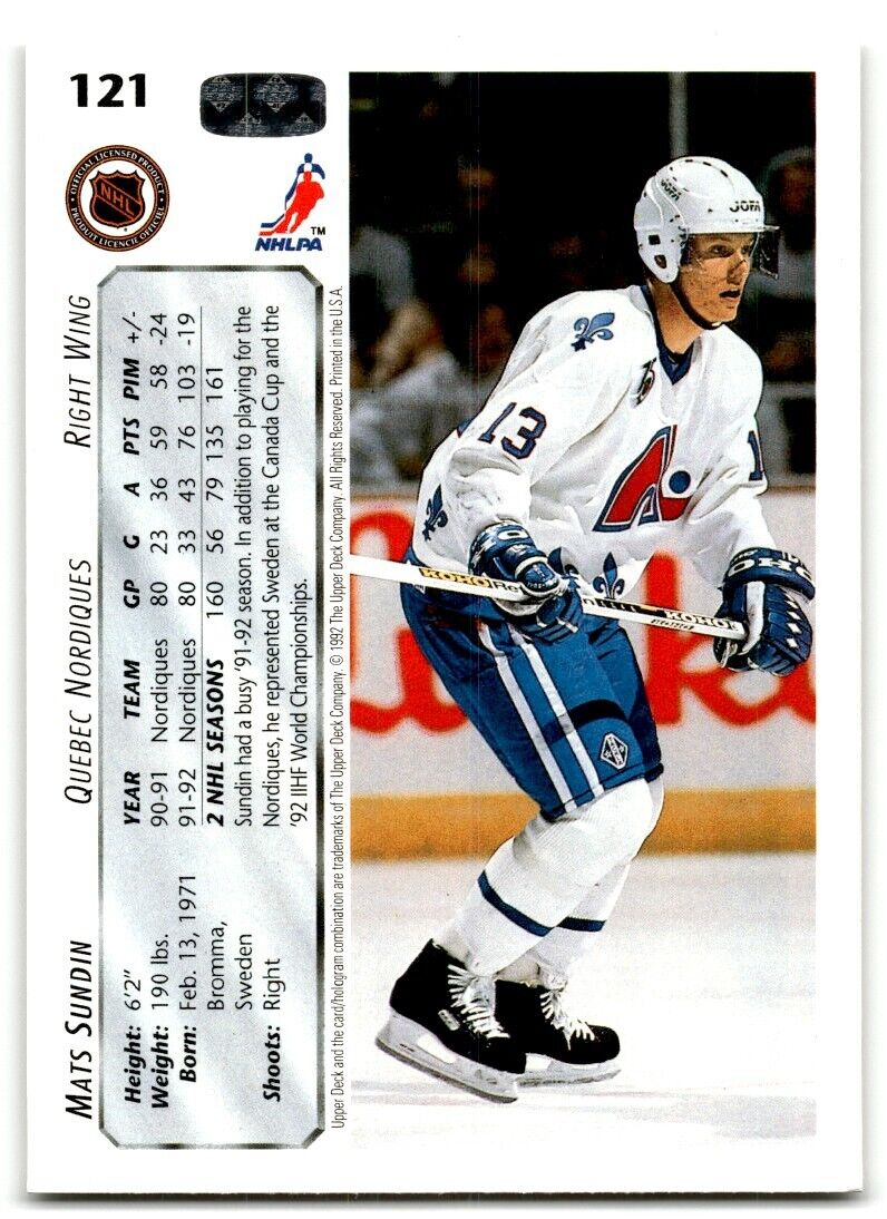 1992-93 Upper Deck Mats Sundin Quebec Nordiques #121