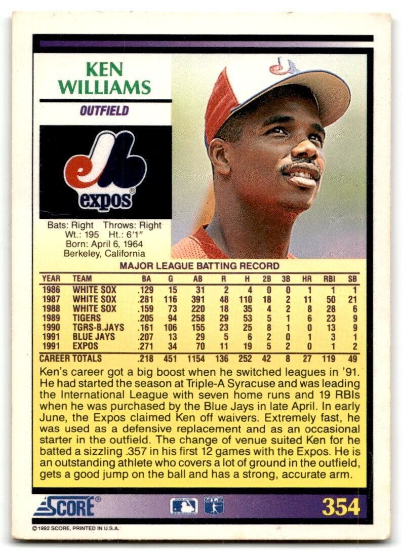 1992 Score Ken Williams Montreal Expos #354