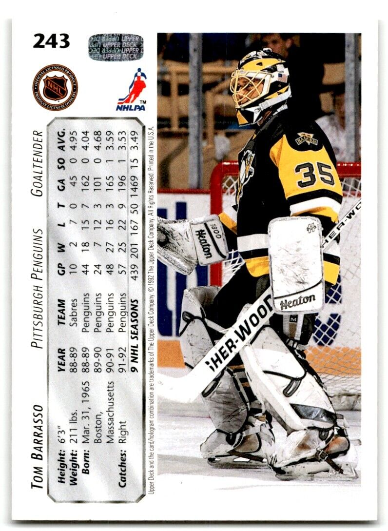 1992-93 Upper Deck Tom Barrasso Pittsburgh Penguins #243