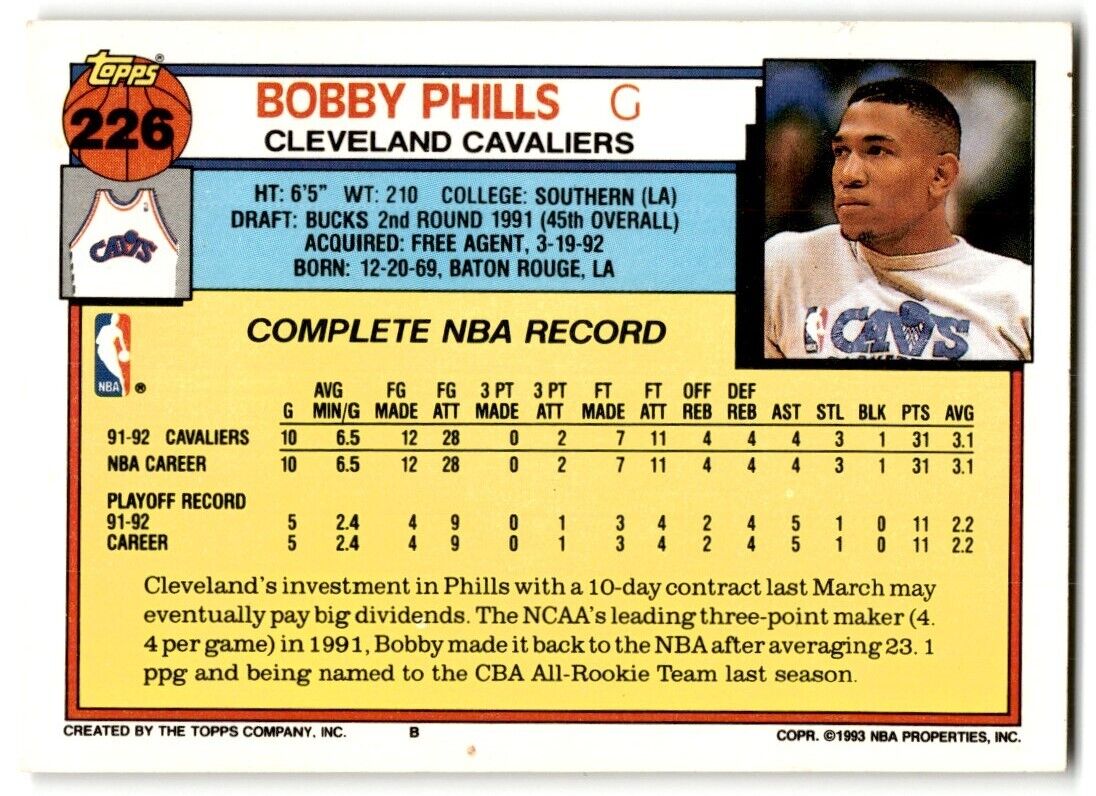 1992-93 Topps Bobby Phills Rookie Cleveland Cavaliers #226