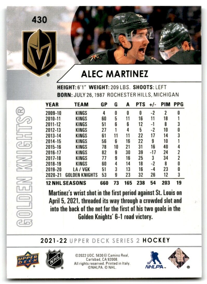 2021-22 Upper Deck Alec Martinez Vegas Golden Knights #430