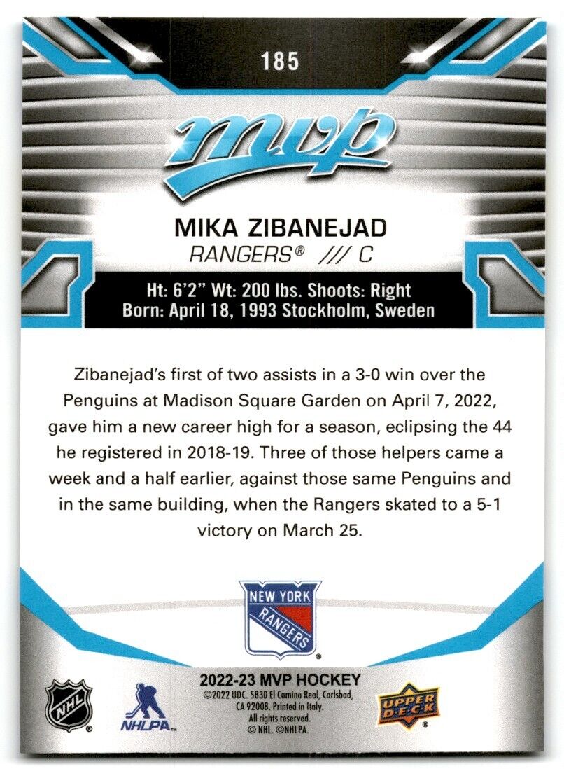 2022-23 Upper Deck MVP Mika Zibanejad New York Rangers #185