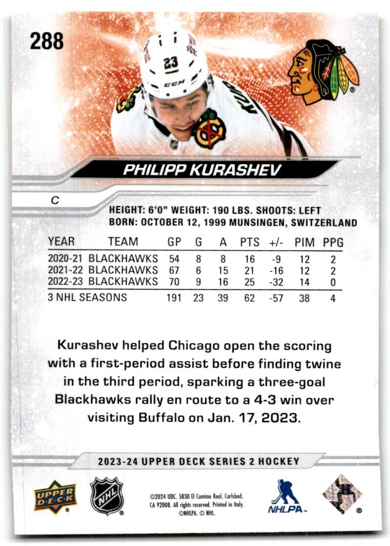 2023-24 Upper Deck Philipp Kurashev Chicago Blackhawks #288