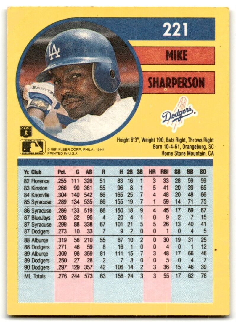 1991 Fleer Mike Sharperson Los Angeles Dodgers #221