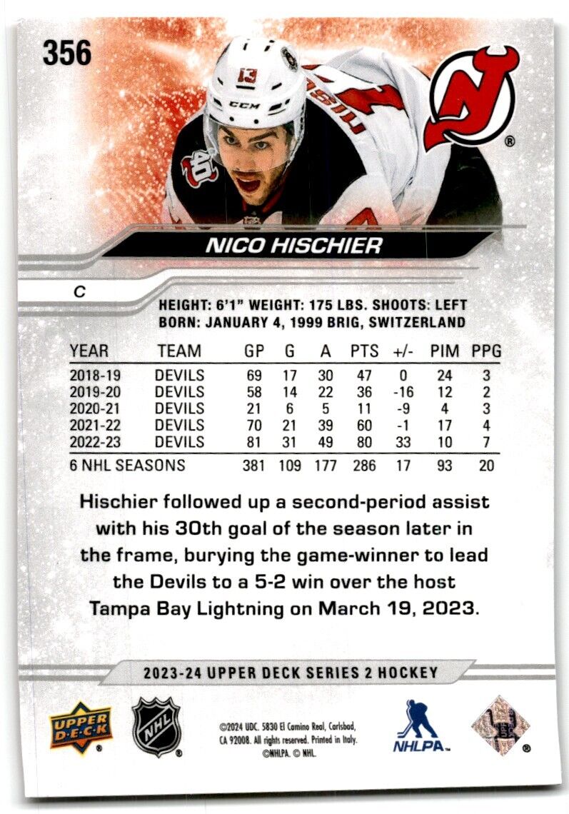 2023-24 Upper Deck Nico Hischier New Jersey Devils #356