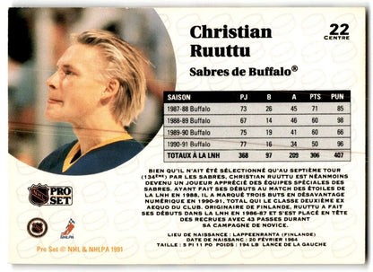 1991-92 Pro Set Christian Ruuttu Buffalo Sabres #22