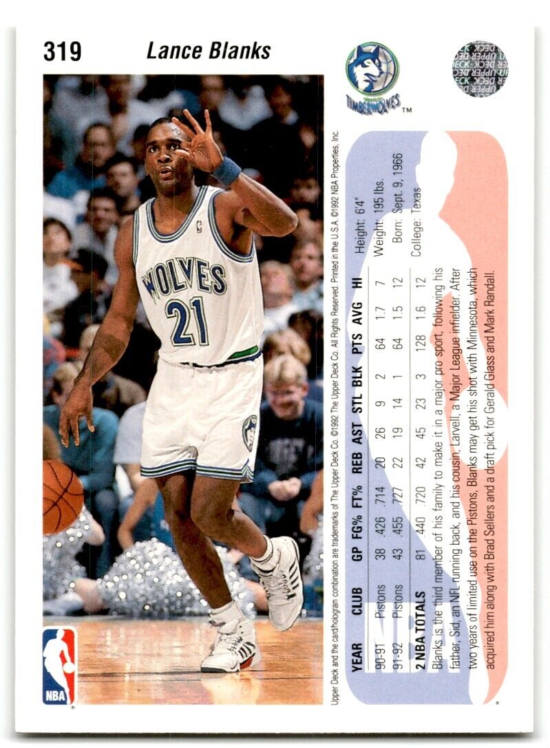 1992-93 Upper Deck Lance Blanks Minnesota Timberwolves #319