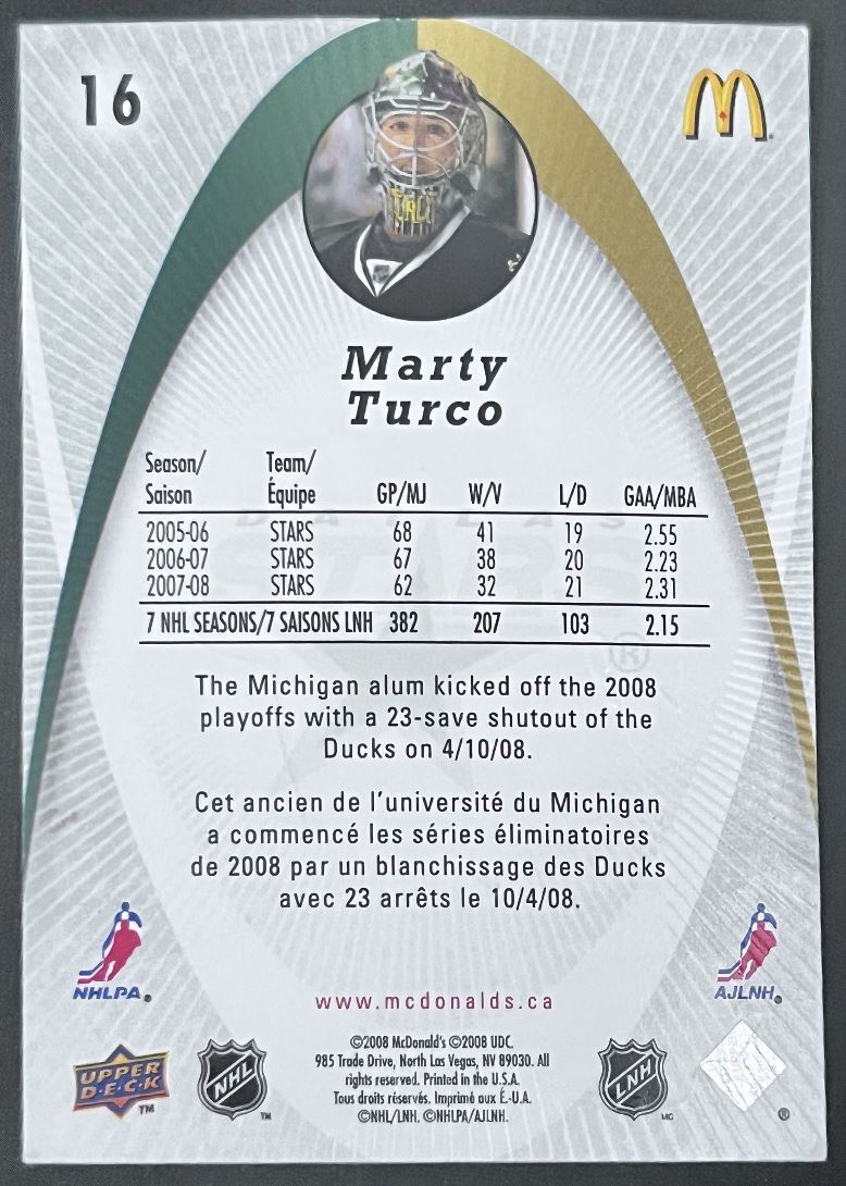 2008-09 McDonald's Upper Deck Marty Turco Dallas Stars #16