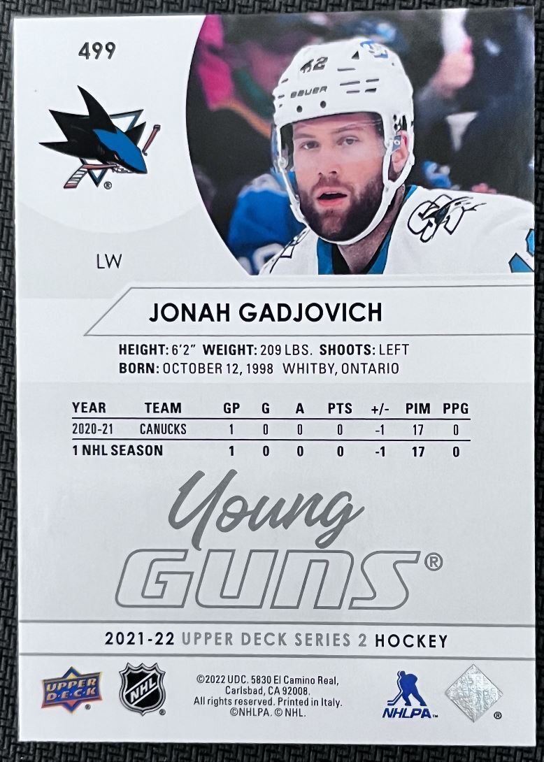 2021-22 Upper Deck Jonah Gadjovich Rookie San Jose Sharks #499