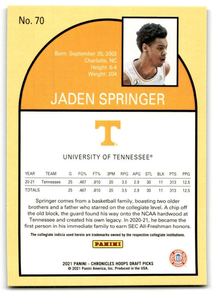 2021-22 Panini Chronicles Draft Picks Jaden Springer Tennessee Volunteers #70