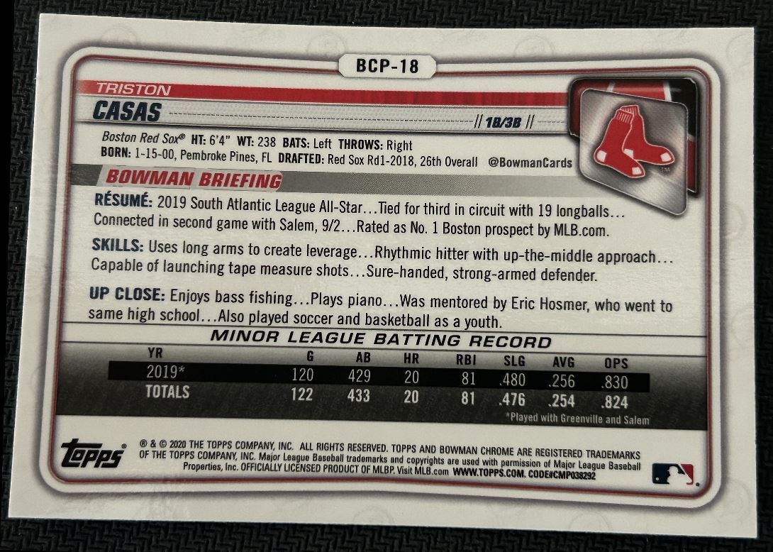 2020 Bowman Chrome Prospects Triston Casas Boston Red Sox #BCP-18